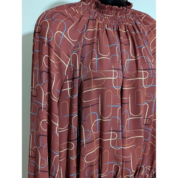 Worthington Long Sleeve Blouse Smocked Mock Neck Abstract Print Top Size L - Picture 6 of 8